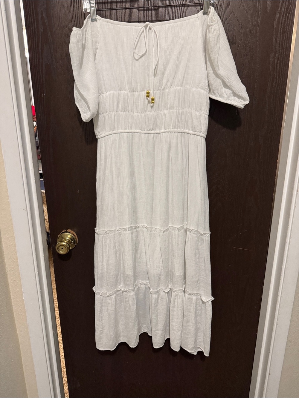 Boho white cringe layer chiffon tiered off-the-shoulder peasant midi dress L EUC